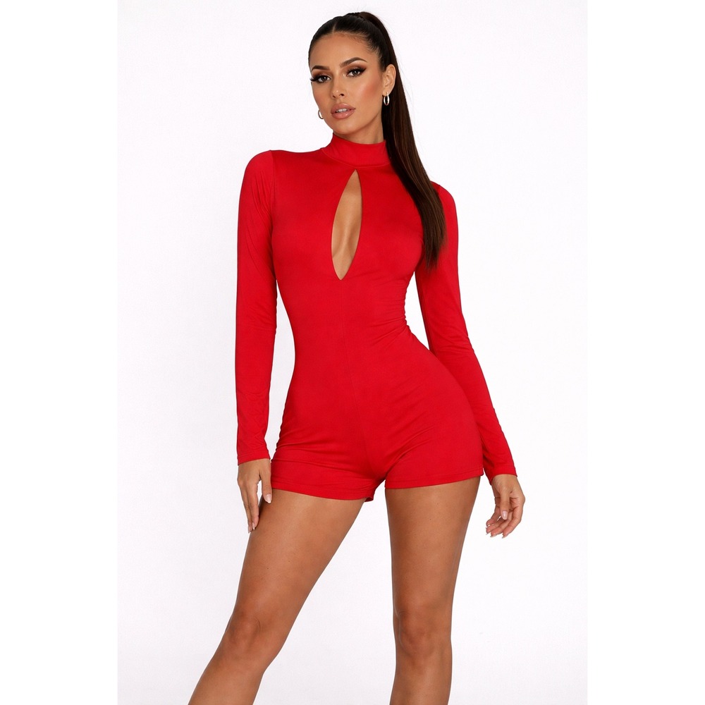 Oh Polly Fire Red Keyhole Cutout Long Sleeve Romper Mock Neck Bodycon Small NWT
